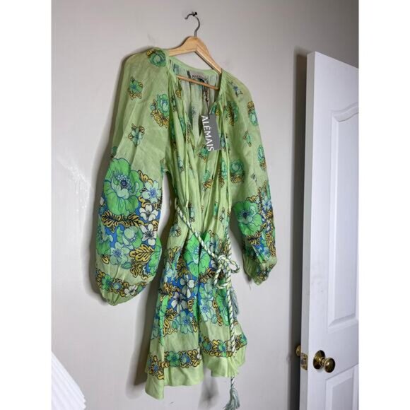 NWT Alemais Velma Lined V-Neckline A-Line Balloon Sleeve Mini Dress Green Size:4 - Picture 3 of 8